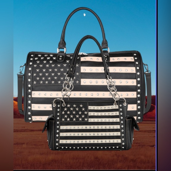 Montana West Handbags - Black and White Studded Flag Design Women's Bag HAND BAG ONLY